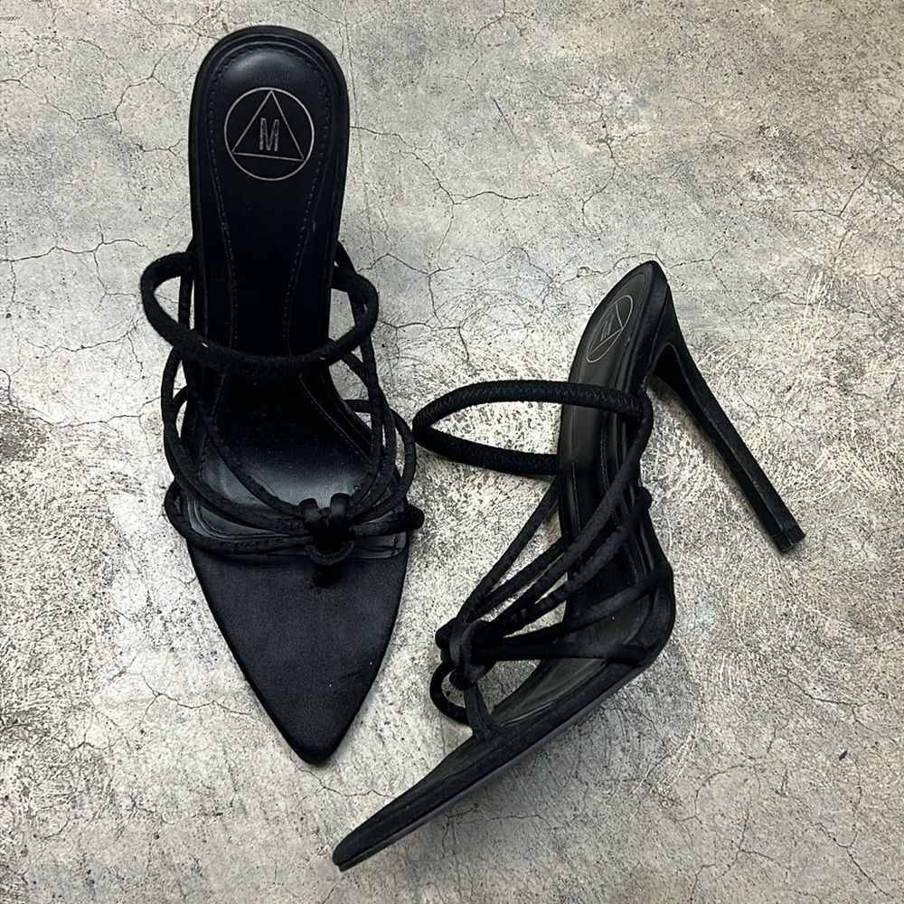 * M brand black satin heels